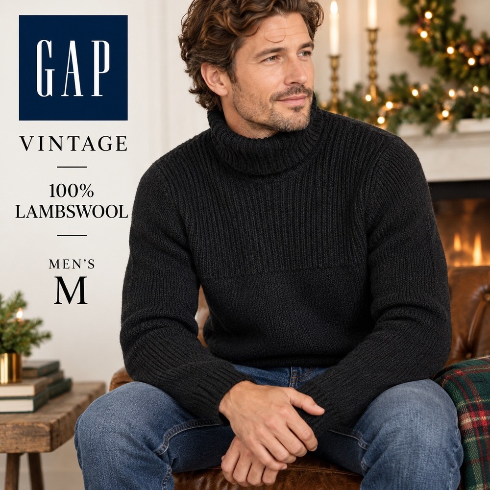 Gap 100% Lambswool Turtleneck Sweater Mens M Black Ribbed Chunky Knit Vintage